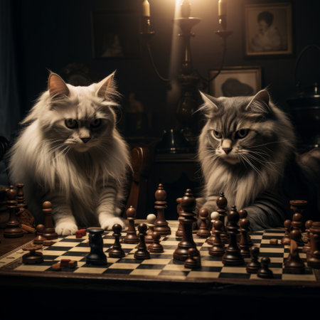two cats playing chess on a table.の素材