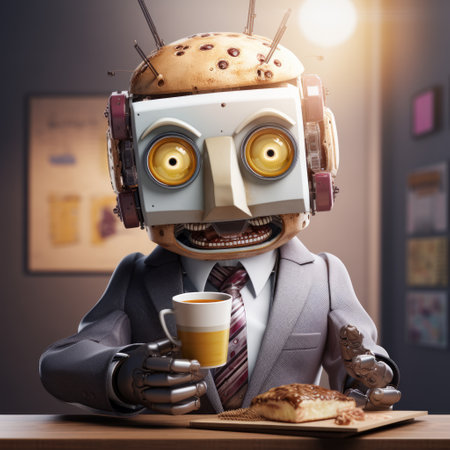 a robot holding a cup of coffee and a plate of food.の素材