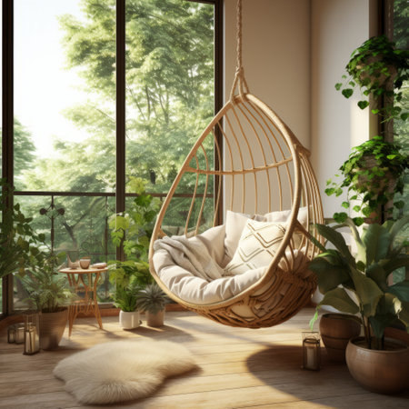 a chair in a room with plants and trees.の素材