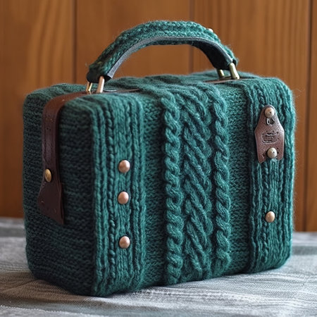 a green knitted bag with brown handles.の素材