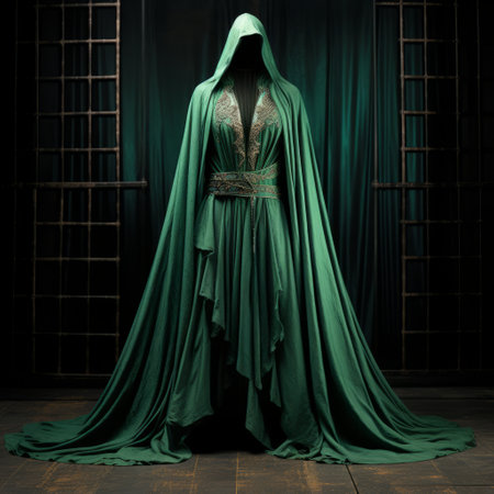 a green dress with a hood.の素材