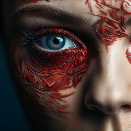 a close up of a person with red makeup.の素材
