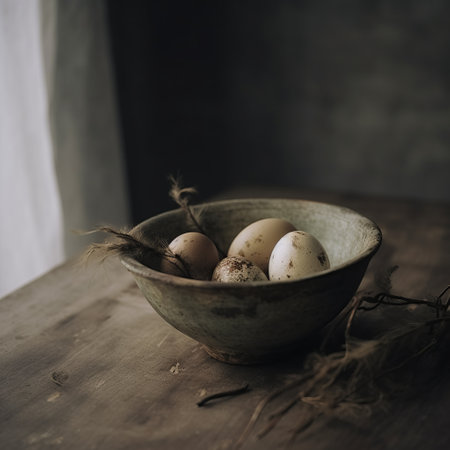 a bowl of eggs on a table.の素材