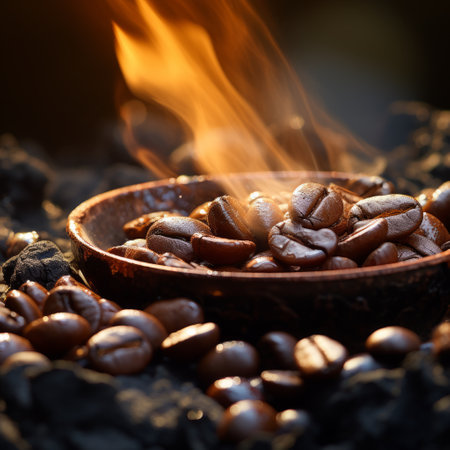 a bowl of coffee beans with flames coming out of it.の素材