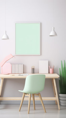 a desk with a chair and a picture frame.の素材