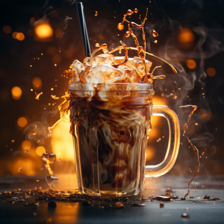 a glass of liquid with ice and liquid splashing out of it.の素材