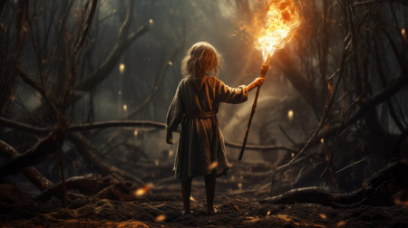 a child holding a flammable torch in the woods.の素材