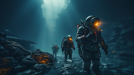 a group of people in space suits walking in the ocean.の素材