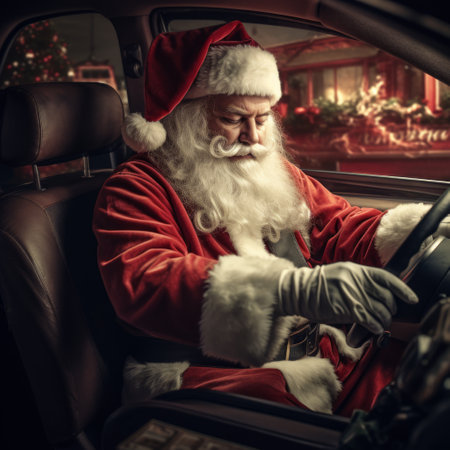 a man in a red and white garment driving a car.の素材