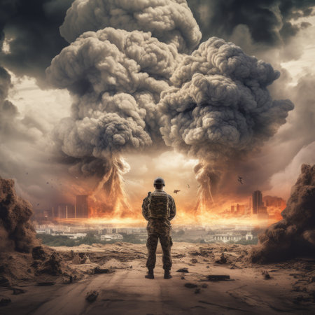 a man standing in front of a large explosion.の素材