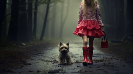 a girl in a pink dress walking a dog on a path in the woods.の素材