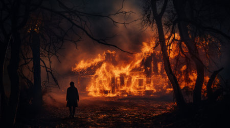 a person walking on a path in front of a house on fire.の素材