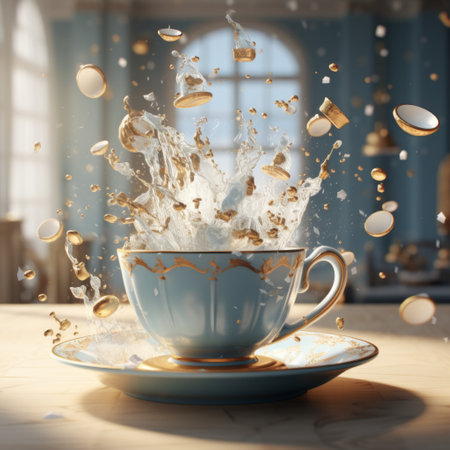 a cup of coffee splashing into a saucer.の素材