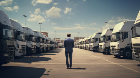 a man standing in front of a row of trucks.の素材