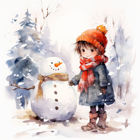 a girl standing next to a snowman.の素材