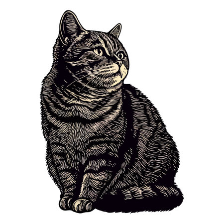 Cat with retro design expecting in hand drawn style, over white background.のイラスト素材