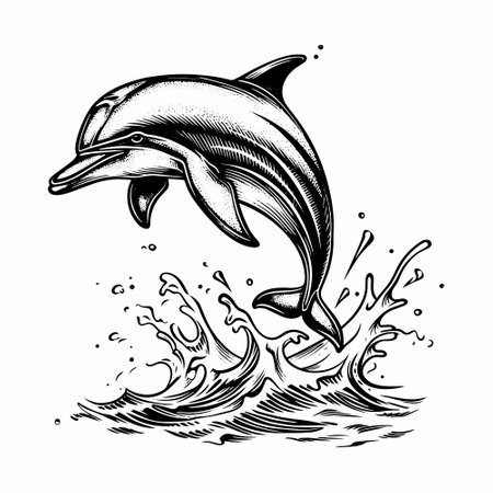 A cheerful dolphin jumping out of the water. Vector illustration in engraving style.のイラスト素材