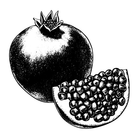 Hand drawn cut black pomegranate isolated on white background. Sketch art illustration.のイラスト素材