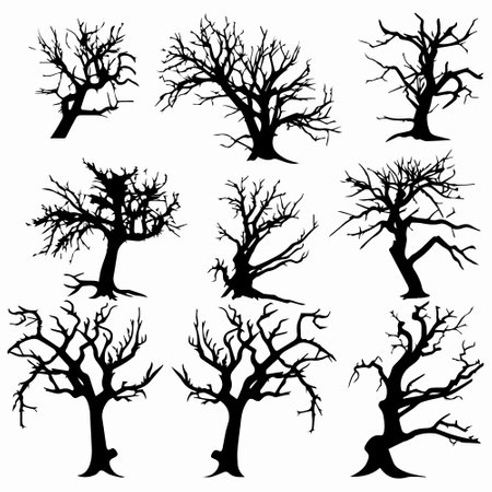 Black Branch Tree or Naked trees silhouettes on white background. Hand drawn isolated illustrations.のイラスト素材