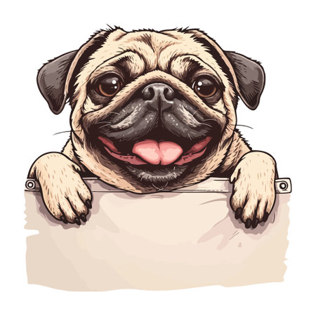 Funny Pug dog with paws over a white wall, in a pocket vector illustration. Funny dog smiling. Cute dog head on a white background.のイラスト素材