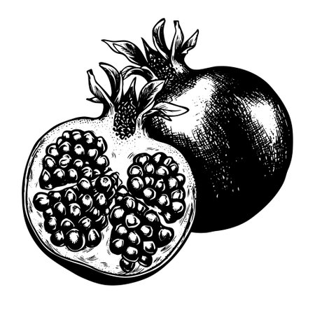 Hand drawn cut black pomegranate isolated on white background. Sketch art illustration.のイラスト素材