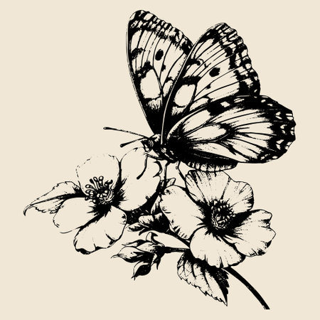 Hand drawn butterfly on a flower - High quality elegant realistic drawing.のイラスト素材