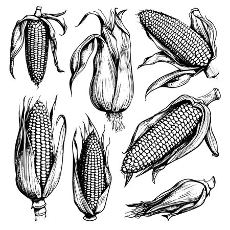Hand drawn sketch style set of corn vegetable. Corncob with leaves. Organic cereal vector illustration. Sweetcorn food.のイラスト素材