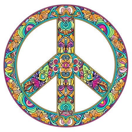 Hippie vintage peace symbol in style for adult anti stress. Coloring page with high details. Made by trace from sketch. Hippy colorful vector illustration.のイラスト素材