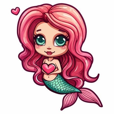 Mermaid in love with heart eyes. Cute cartoon character for emoji, sticker, pin, patch, badge. Vector illustration.のイラスト素材