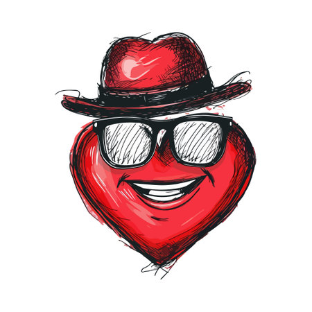 Heart smiles in glasses and hat. Hand drawn isolated on white background. Design for greeting card, banner, coloring.のイラスト素材