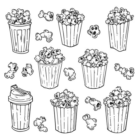 Popcorn doodle vector outline style set. Editable Clip Art.のイラスト素材