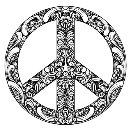 Hippie vintage peace symbol in style for adult anti stress. Coloring page with high details. Made by trace from sketch. Hippy colorful vector illustration.のイラスト素材