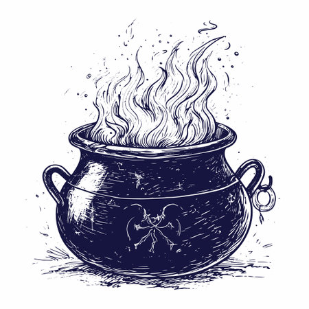 Magic cauldron doodle sketch. Hand drawn wiccan design. Alchemy, potions symbol.のイラスト素材