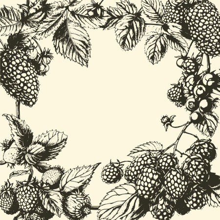 Tropical Fruits, Illustration Frame of Hand Drawn Sketch Fresh Elaeagnus Ebbingei, Oleaster or Ebbings Silverberry and Golden Himalayan Raspberries or Rubus Ellipticus Fruits.のイラスト素材