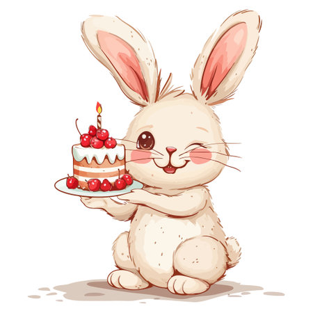 Rabbit cute holding cake illustration vector on white background.のイラスト素材