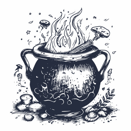 Magic cauldron doodle sketch. Hand drawn wiccan design. Alchemy, potions symbol.のイラスト素材