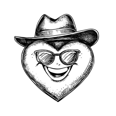 Heart smiles in glasses and hat. Hand drawn isolated on white background. Design for greeting card, banner, coloring.のイラスト素材