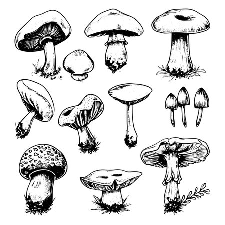 Set of mushrooms vector simple illustration isolated on white background. Outline and silhouette hand drawn sketched version. Vector mycology. Natural healthy fungus, autumn design.のイラスト素材