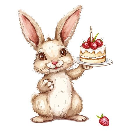 Rabbit cute holding cake illustration vector on white background.のイラスト素材