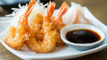 A plate of crispy tempura shrimp served with a side of soy sauce and pickled ginger, garnished with shredded daikon radish.の素材