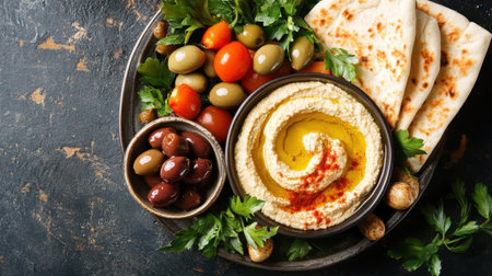 A Mediterranean platter with hummus, olives, grilled vegetables, and freshly baked pita bread, drizzled with olive oil.の素材