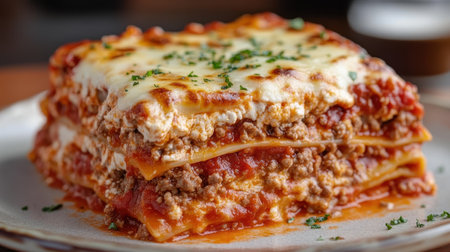 A hearty Italian lasagna layered with ground beef, ricotta cheese, and marinara sauce, topped with melted mozzarella.の素材