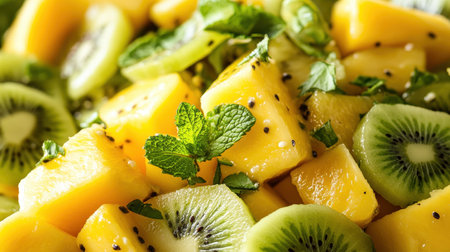 A tropical fruit salad with mango, pineapple, and kiwi slices, drizzled with lime juice and garnished with mint leaves.の素材