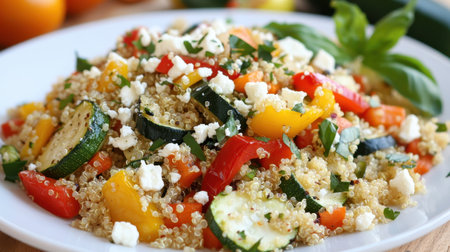 A plate of roasted vegetable quinoa salad with zucchini, bell peppers, and feta cheese, dressed with a tangy lemon vinaigrette.の素材