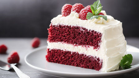 A slice of rich red velvet cake with cream cheese frosting, topped with fresh raspberries and a sprig of mint.の素材