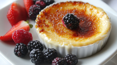 Rich creme brulee with a perfectly caramelized sugar crust, served with fresh berries.の素材