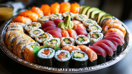 A platter of assorted sushi rolls, including spicy tuna, avocado, and salmon, served with soy sauce and pickled ginger.の素材