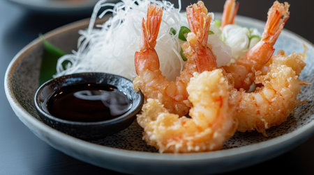 A plate of crispy tempura shrimp served with a side of soy sauce and pickled ginger, garnished with shredded daikon radish.の素材