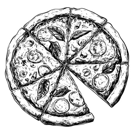 Hand-drawn sketch of a sliced pizza with various toppingsのイラスト素材