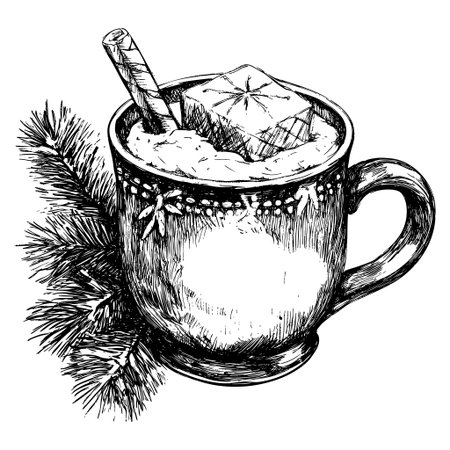 Beautifully illustrated mug filled with holiday beverage and decorationのイラスト素材